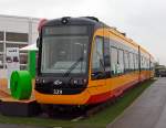 Vossloh „Citylink NET 2012“ (NET=Niederflur Elektrotriebwagen) f�r die Stadtbahnen Karlsruhe ein Einrichtungs-Gelenkfahrzeug, mit Hilfsfahrerstand am anderen Ende, wurde auf der InnoTrans