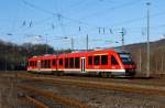 Dieseltriebwagen 648 701 / 201 (Alstom Coradia LINT 41) der DreiL�nderBahn als RB 95 (Dillenburg-Siegen-Au/Sieg), hat am 04.02.2012 den Bahnhof Betzdorf/Sieg verlassen und f�hrt weiter in Richtung