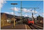 Der  RE 9 (rsx - Rhein-Sieg-Express) Siegen - Köln - Aachen  am 02.03.2013 beim Halt im Bahnhof Betzdorf/Sieg am Gleis 106, bestehend aus zwei gekuppelte vierteilige Talent 2 dem 442 260 / 760