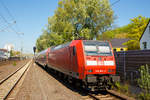 Die 146 001-3 (91 80 6146 001-3 D-DB) der DB Regio NRW schiebt den RE 9 (rsx - Rhein-Sieg-Express) Siegen - K�ln – Aachen am 21.04.2019 von K�ln-Porz nun weiter in Richtung K�ln S�d.