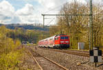   Die 111 169-9 (91 80 6111 169-9 D-DB) der DB Regio schiebt am 15.04.2018, RE 9 (rsx - Rhein-Sieg-Express) Siegen - Köln – Aachen, durch Betzdorf-Bruche in Richtung Köln.