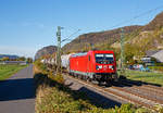   Die DB Cargo 187 130 (91 80 6187 130-0 D-DB) fährt am 13.10.2018, mit einem Kesselwagenzug, durch Leutesdorf in Richtung Süden.