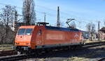 ArcelorMittal Eisenhüttenstadt Transport GmbH, Eisenhüttenstadt [D] mit ihrer  145-CL 005  [NVR-Nummer: 91 80 6145 096-4 D-EKO] am 24.02.25 Höhe Bahnhof Frankfurt (Oder).