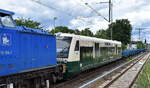 PRESS - Eisenbahn-Bau- und Betriebsgesellschaft Pressnitztalbahn mbH, J�hstadt mit ihrer irmeneigenen RS 1  650 075-2  NVR:  95 80 0650 683-5 D-PRESS ) der Regionalbahn (RB26) auf R�gen am Haken von  204 005-3  [NVR-Nummer: 92 80 1203 350-4 D-PRESS]  + Drehgestell-Flachwagen am Haken bei einer �berf�hrungsfahrt am 04.06.26 H�he Bahnhof K�nigs-Wusterhausen.