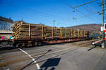 Vierachsiger Drehgestell-Flachwagen mit Niederbindeeinrichtung, 37 80 4723 110-5 D-TWA, der Gattung Snps, der TRANSWAGGON GmbH, beladen mit Stammholz, am 14.02.2023 im Zugverband bei der Durchfahrt in