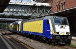 Landesnahverkehrsgesellschaft Niedersachsen mbH, Hannover (LNVG), Fahrzeugnutzer: metronom Eisenbahngesellschaft mbH, Uelzen mit ihrer  146 514  (NVR:  91 80 6146 514-5 D-AMS ) und der RB 31 nach L�neburg am 28.07.26 Einfahrt Bahnhof Hamburg-Harburg.