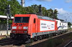 DB Cargo AG, Mainz [D] mit ihrer  185 273-0  [NVR-Nummer: 91 80 6185 273-0 D-DB] mit Seitenwerbung in eigener Sache am Haken von  193 360  [NVR-Nummer: 91 80 6193 360-5 D-DB] am 06.09.26 H�he Bahnhof Luckenwalde.