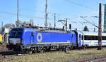 private-evu/875866/db-fernverkehr-ag-d-mit-der DB Fernverkehr AG [D] mit der geleasten BRCE Dispo Vectron 'X4 E - 639' [NVR-Nummer: 91 80 6193 639-2 D-DISPO] und dem EC 56 aus Polen Richtung Berlin am 04.03.25 Einfahrt Bahnhof Frankfurt (Oder).