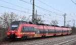 DB Regio AG - Region Nordost, Fahrzeugnutzer: Regionalbereich Berlin/Brandenburg, Potsdam mit dem Talent '442 829' (NVR: '94 80 0442 829-8 D-DB....') als RB22 nach Potsdam-Griebnitzsee Einfahrt Bahnhof Saarmund, 09.03.26