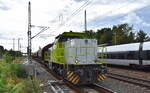Regiobahn Bitterfeld Berlin GmbH, Bitterfeld-Wolfen [D] mit ihrer Mak G 1206 Lok  1115  [NVR-Nummer: 92 80 1275 023-0 D-RBB] und einem Ganzzug gedeckter Schüttgutwagen am 17.09.25 Höhe