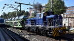 Martin Schl�n� Eisenbahnlogistik, Wankendorf mit ihrer Krauss-Maffei M 1200 Lok  V 119  (NVR:  98 80 3512 011-8 D-SEL ) und einem �bergabe- PKW-Transportzug (fabrikneue KIA Modelle) am 14.08.26 H�he Bahnhof Hamburg-Harburg. 