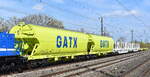 Drehgestell-Schüttgutwagen mit Schwenkdach und dosierbarer Schwerkraftentladung für Getreidetransporte vom Einsteller GATX Rail Germany GmbH mit der NR. 35 TEN GE 80 D-GATXD 0764 990-0 Tagnpps in einem Übergabezug am 16.04.26 Höhe Bahnhof Saarmund.