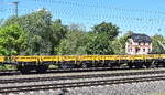 Drehgestell-Flachwagen vom Einsteller On Rail - Gesellschaft f�r Eisenbahnausr�stung und Zubeh�r mbH vermietet an Spitzke SE mit der Nr. 33 RIV 80 D-ORME 3997 042-5 Res in einem Ganzzug am 18.05.26 H�he Bahnhof Magdeburg-Hbf.