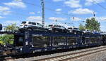 Recht neue PKW-Transportwageneinheit Typ TA 370M der inzwischen neuen CAT France (Groupe CAT) mit der Nr. 23 RIV 87 F-STVA 4292 264-0 Laes mit fabrikneuen Skoda Modellen beladen am 12.05.25 Höhe Bahnhof Saarmund.