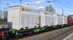 Drehgestell-Flachwageneinheit vom slowakischen Einsteller Budamar Innovations, a.s. mit �sterreichischer Registrierung mit der Nr.35 TEN 81 A-SKBIN 4658 651-8 Sggmmrrs mit wesentlich h�heren Sch�ttgutcontainern (Systemcontainer) von innofreigt f�r einen DB Cargo/Arcelor Erzzug f�r Eisenh�ttenstadt im �blichen Pendelzug am 16.04.26 H�he Bahnhof Saarmund.