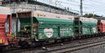Fahrzeugtyp: 90-Fu�-Gelenk-Doppeltragwagen, das System von Innofreight f�r die DB Cargo  mit den MonTainern von innofreight f�r Koks-, Kohle- u. Erztransporte, hier im Bild der Wagen mit der Nr. 35 TEN 81 A-SKBIN 4658 624-5 Sggmmrrs angemietet von Budamar Innovations, a.s. in einem Ganzzug im Einsatz f�r die Salzgitter AG Richtung Hansaport im Hamburger Hafen am 07.08.26 H�he Bahnhof Hamburg-Harburg.