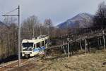 Ein FART Centovalli-Express auf der Fahrt von Domodossola nach Locarno kurz vor Trontano.