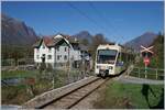 Kurz nach Domodossola, auf dem Gemeindegebiet vom hoch gelegen Trontano ist auf dem langen, flachen und geraden Streckenabschnitt in Richtung Malesco der FART ABe 4/8 N° 45 als  Centovalli-Express  als PE 72 nach Locarno unterwegs.  

31. Okt. 2024
