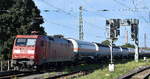 DB Cargo AG, Mainz [D] mit ihrer '152 100-4' [NVR-Nummer: 91 80 6152 100-4 D-DB] und einem Ganzzug Druckgaskesselwagen (für Kohlenwasserstoffgas) am 11.08.25 Höhe Bahnhof Magdeburg-Neustadt.