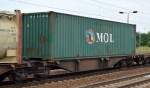 Dieser grüne Container mit der Aufschrift MOL (Mitsui O.S.K. Lines, Tokio), ein Multikonzern für Transport von Gütern und Personen u.a., 07.08.14 Bhf. Flughafen Berlin-Schönefeld.   