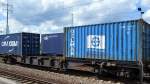 Gehört zum französischen Unternehmen CMA CGM, diese DELMAS Container sind im Handelsverkehr mit Afrika im Umlauf und man sieht sie im Bahnverkehr nicht so häufig in Deutschland, 12.08.14 Bhf. Flughafen Berlin-Schönefeld.