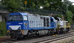 Interessanter Lokzug, die Bentheimer Eisenbahn, Bad Bentheim mit ihrer MaK G 2000-3 BB Lok 'D 22' (NVR: '92 80 1272 410-2 D-BE') und der belgischen Diesellok '7771' (NVR: '92 88 0077 071-3 B-LNS') von Lineas am Haken am 27.05.25 Höhe Bahnhof Ham ...