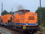 Eine seltene Aufnahme der hvle V160.1 (92 80 1203 012-0 D-HVLE, Bj.1974) noch in der Originalfarbe orange mit OHE-Logo (Osthavellndische Eisenbahn AG) Umfirmierung am 01.01.06 in hvle, hier mit dem BSR-Containerzug am 28.09.07 Berlin-Adlershof. 