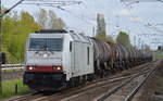 hvle 285 102-0 mit Kesselwagenzug (Ethanol) am 24.04.17 Berlin-Hohenschönhausen.