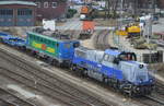 Nachdem EGP 140 838-4 am Nachmittag mit einem langen Güterzug leerer recht neuer firmeneigener Gelenkcontainer-Tragwagen am Berliner Westhafen eingetroffen ist, wird sie mit Zug durch die BEHALA