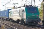 Von der Nr. her mir unbekannte SNCF Prima Lok, die 437013 anscheinend auch an ITL verliehen? mit der Standardleistung (Contaierzug  Blaue Wand ) am 13.10.10 Bhf. Berlin-Schnefeld Flughafen.