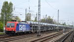 HSL mit Re 482 045-2 und PKW-Transportzug am 21.04.17 Berlin-Springpfuhl.