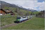 Bei Enge im Simmental ist die BLS Re 4/4 II 504 mit ihrem RE aus EW III Wagen auf dem Weg nach Zweisimmen.