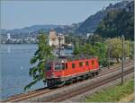 In rechte gepflegtem rot zeigt sich die SBB Re 6/6 11637 (Re 620 037-2)  Sonceboz-Sombeval  kurz nach Villeneuve beim Château de Chillon als Lokzug auf der Fahrt in Richtung Lausanne.