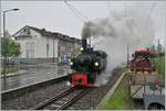 Die Blonay-Chamby G 2x 2/2 105 verlässt mit ihrem Dampfzug nach Chaulin den Bahnhof von Blonay und die Fahrt war heute Wetterbedingt ein ganz besonders Erlebnis: Dampf und Rauch später auch