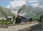 Die HG 3/4 (SLM 1913) N� 1  Furkahorn  verl�sst mir ihrem DAmpfzug Gletsch (1759 m�M) Richtung Oberwald (05.08.2013).