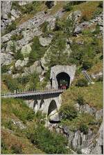 Drei Lichter der Dampflokmotive HG 4/4 704 k�ndigen die Ausfahrt des Zuges aus dem Tunnel an.