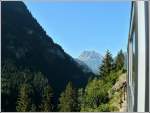 Unterwegs mit dem Mont-Blanc Express in der herrlichen Gebirgswelt zwischen Les Mar�cottes und Le Tr�tien.