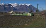 Ein für den Wintersport verstärkter ASD Zug bestehend aus dem BDe 4/4 403, dem Bt 432 und dem BDe 4/4 404 ist oberhalb des Schlosses von Aigle in Richtung Les Diablerets unterwegs.