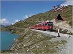 Vorsicht! ein Zug kommt - uns zwar der Rhb Regionalzug von St.Moritz nach Tirano der den Bahnhof Ospizio Bernina verlassen hat und nun Richtung Alp Gr�m f�hrt.