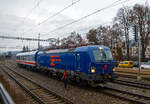 Die SIEMENS Vectron MS (X4E) - 193 901-6 (91 80 6193 901-6 D-SZDC) vom tschechischen Eisenbahninfrastrukturunternehmen Spr�va �eleznic (S�CZ) steht am 24.11.2022, mit dem Gleismesswagen CZ-SZCZ 99 54