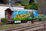 Der vierachsige gedeckte Güterwagen GMF K 672 (der Werbewagen der Museumsbahn Blonay-Chamby, tpf Gak 672, ex GMF K 672, ist am 26.05.2012 beim Bahnhof Vevey abgestellt.